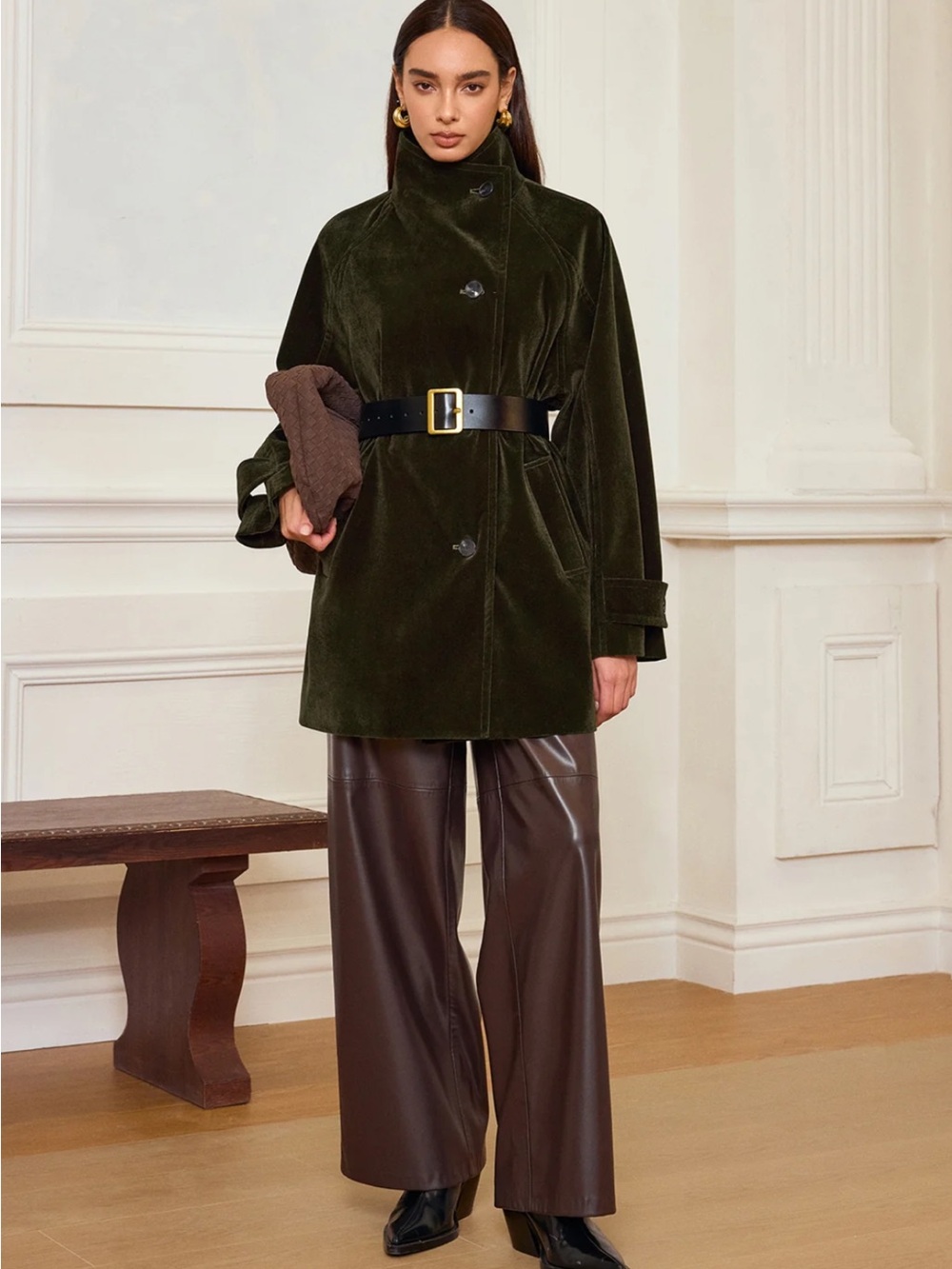 Commense Olive Green Velvet Coat - Women's Jacket & Coat